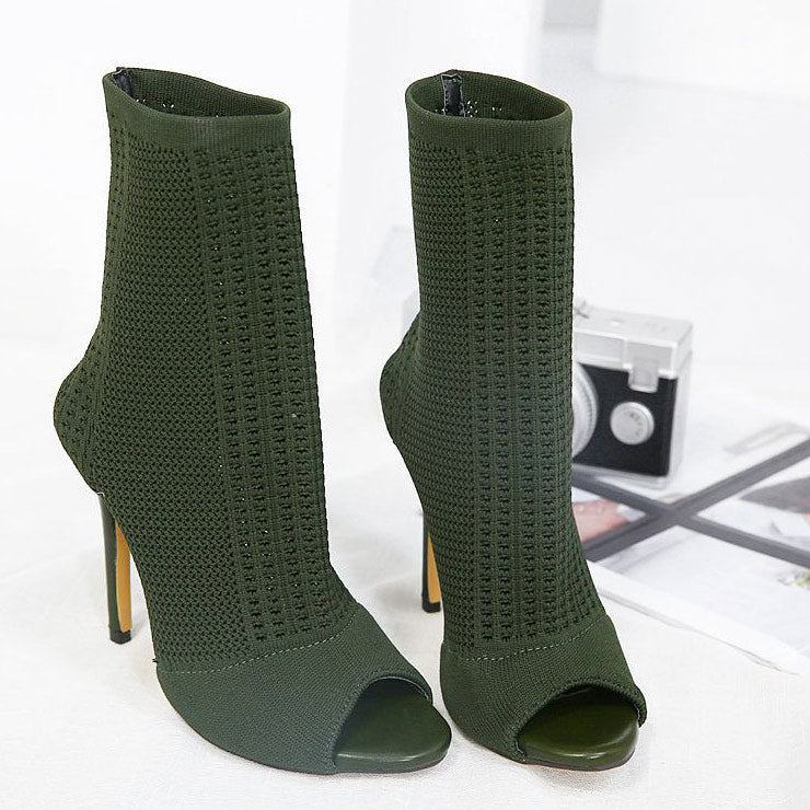 Elastic Knit Sock Boots High Heels Peep Toe Pumps - Mislish