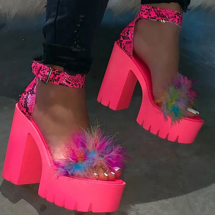 Platform Chunky Heel Ankle Strap Sandals With Fur - Mislish