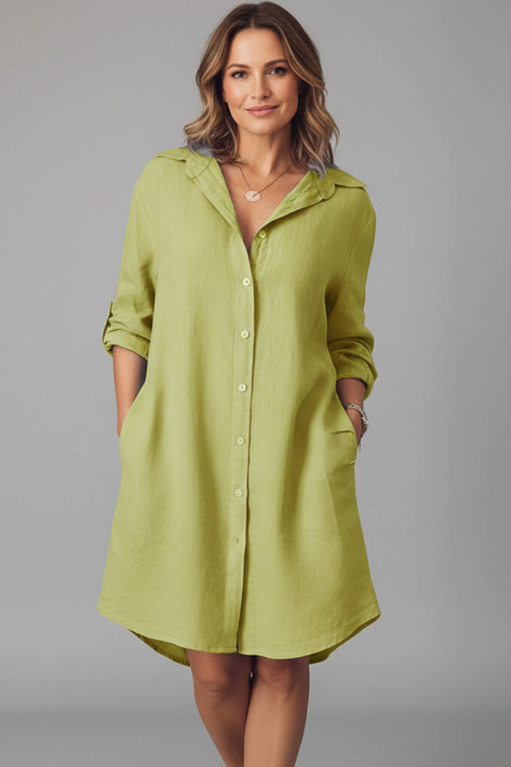 Collared Button Front Long Sleeve Linen Look Shirt Dress 9