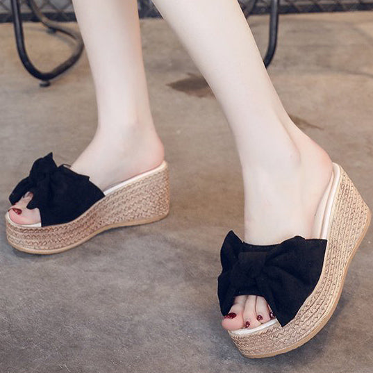 Suede Wedge Heel Sandals Shoes With Bowknot - Mislish