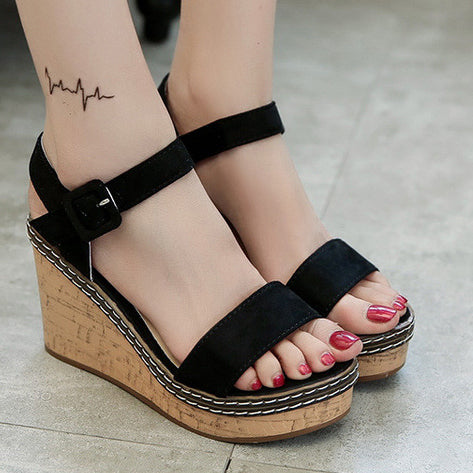 Suede Wedge Heel Sandals With Buckle - Mislish