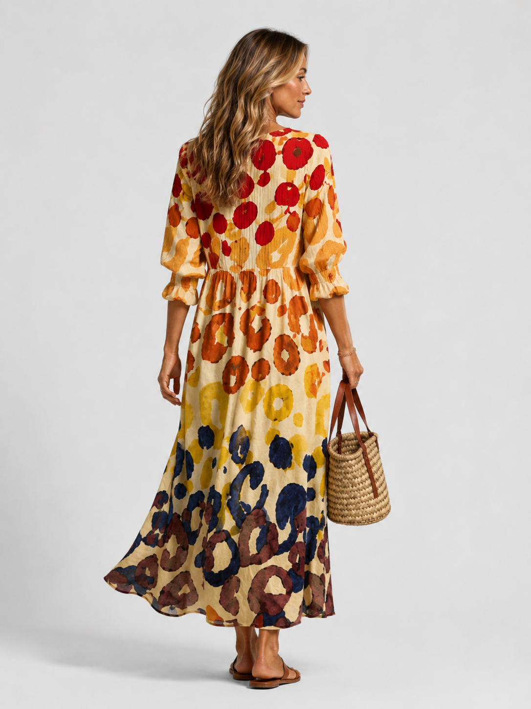 Abstract Spot Print V-Neck Long Sleeve Maxi Shirt Dress 3
