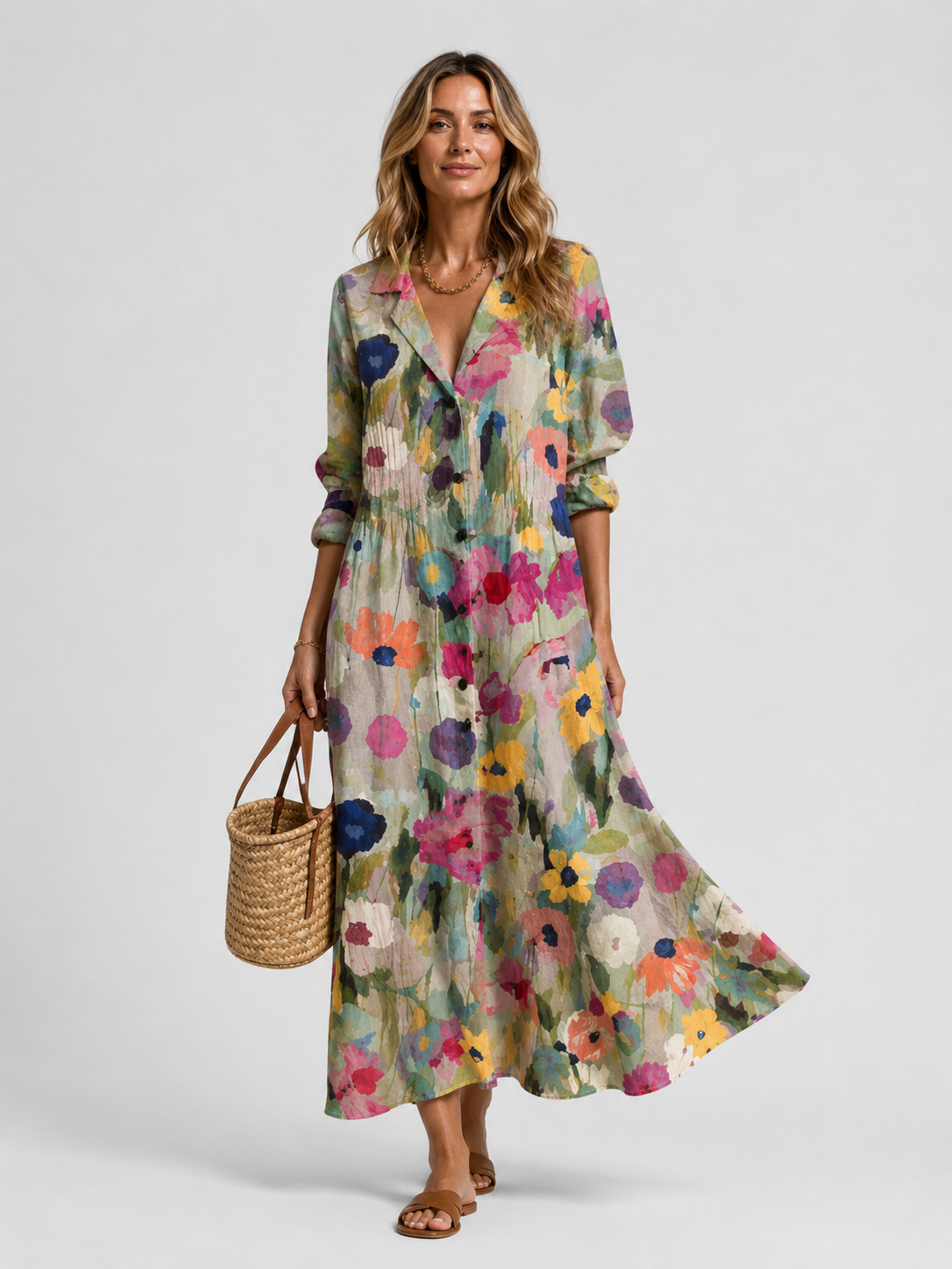 Abstract Spot Print V-Neck Long Sleeve Maxi Shirt Dress 5