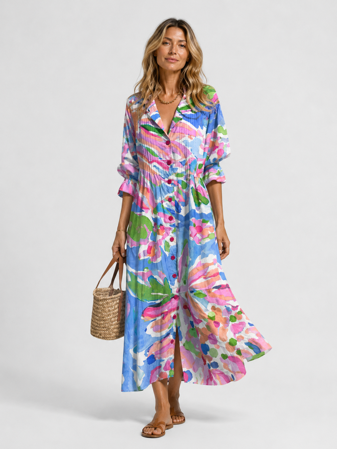 Abstract Spot Print V-Neck Long Sleeve Maxi Shirt Dress 6