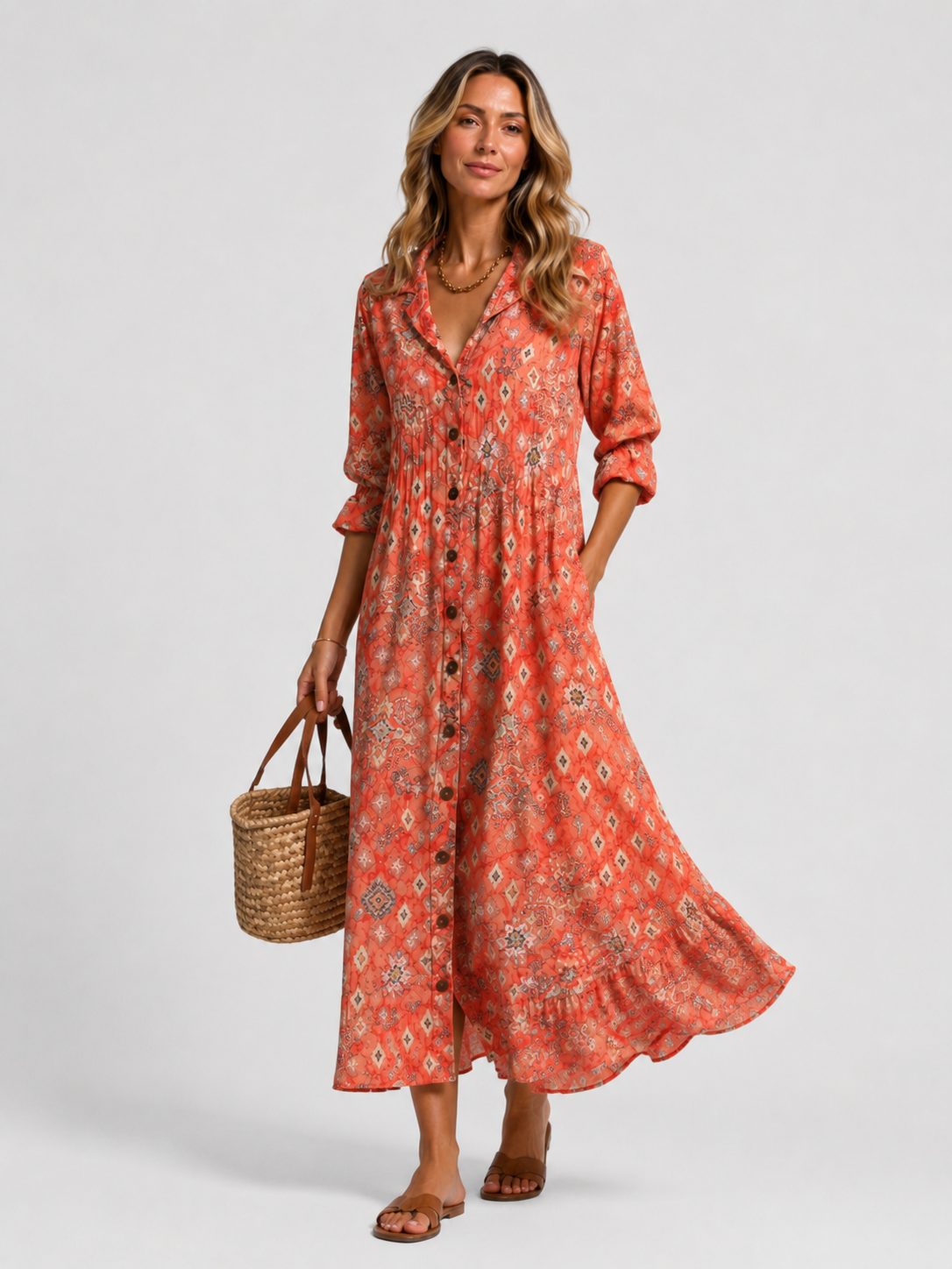 Abstract Spot Print V-Neck Long Sleeve Maxi Shirt Dress 7