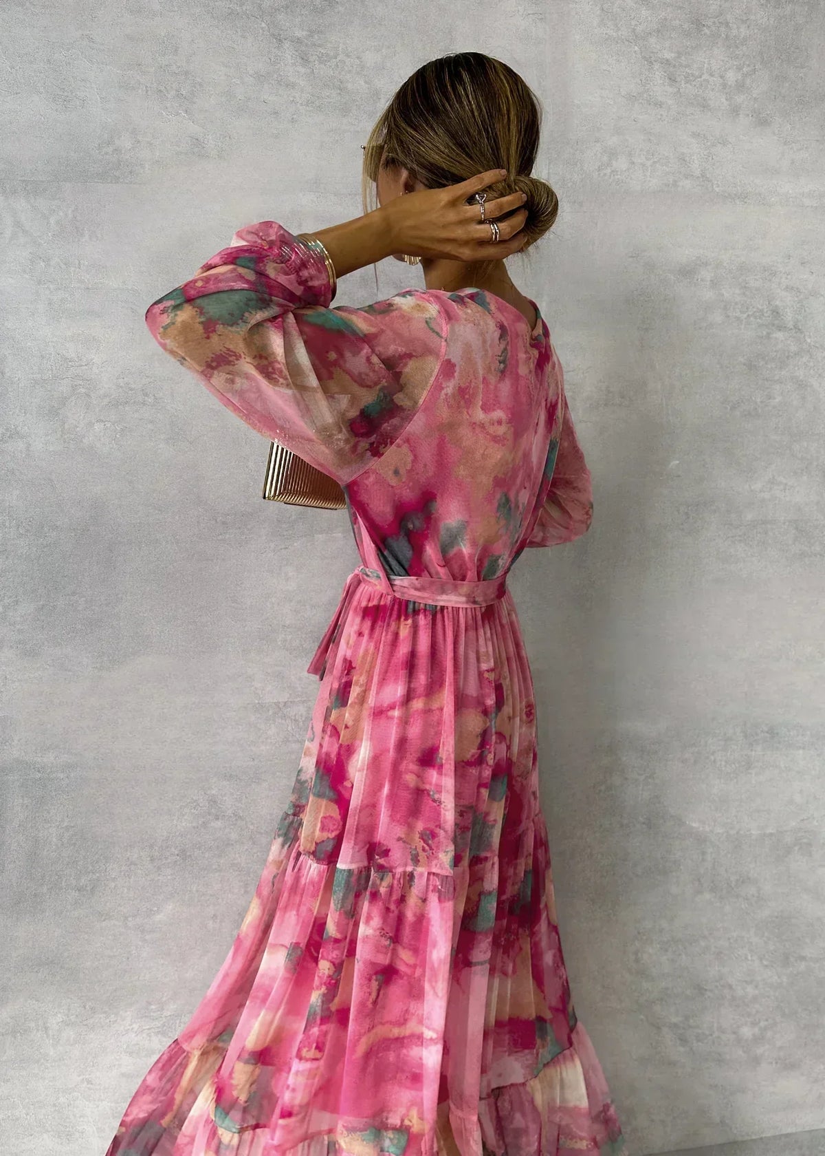 Watercolor Floral Long Sleeve Belted Tiered Wrap Maxi Dress 6