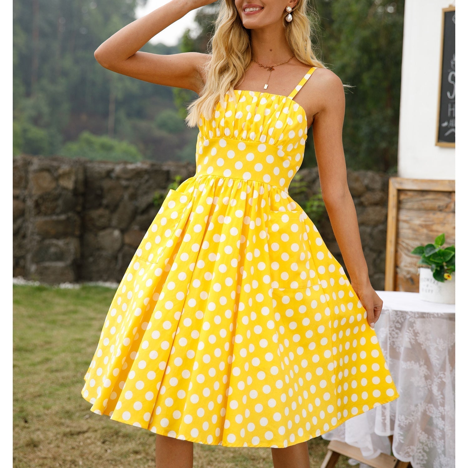 Womens 1950s Retro Rockabilly Princess Cosplay Dress with pockets polka dot apron 50's 60's Party Costume Gown(S-2XL) - Fashionpara