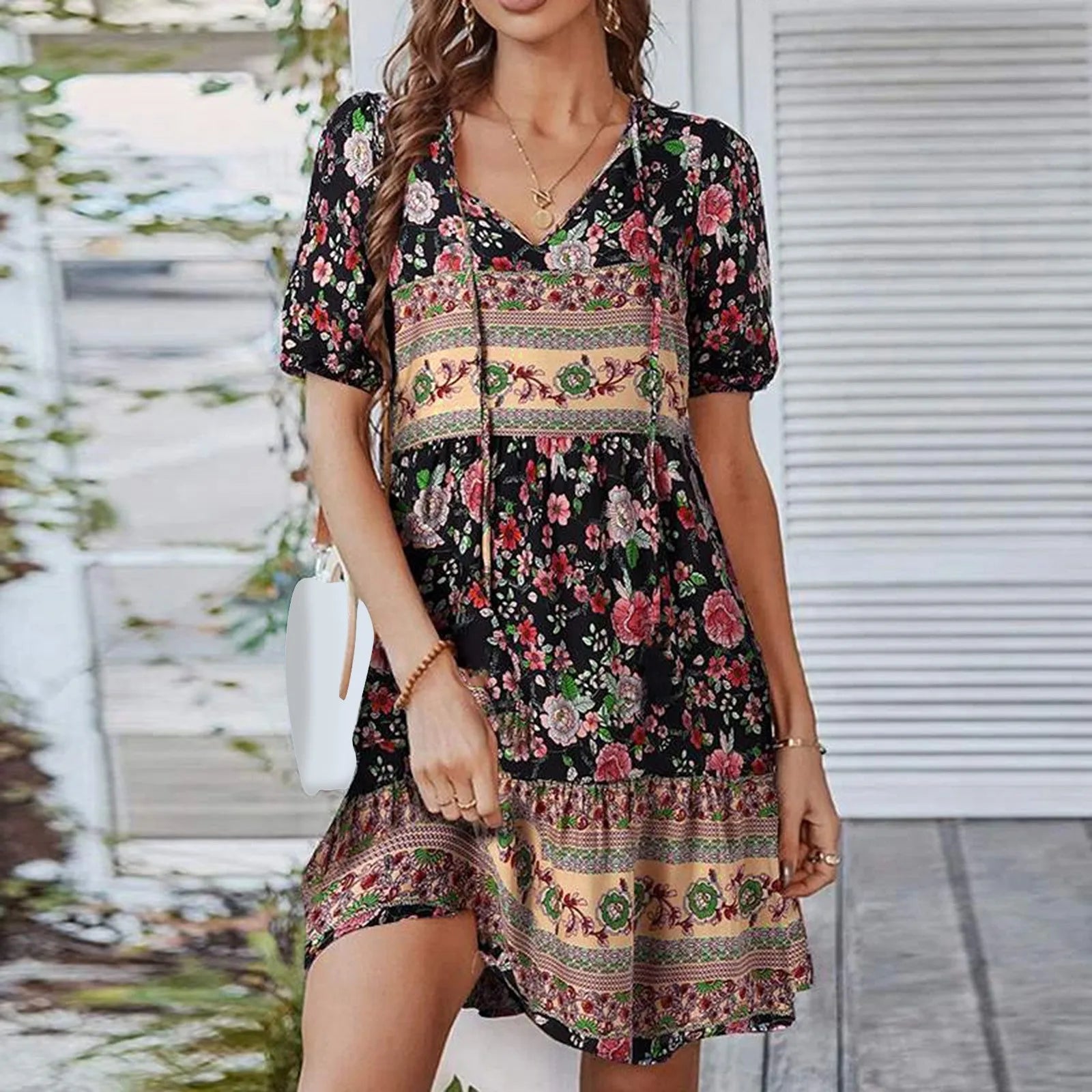 Boho Tie-up V Neck Floral Print Loose Dress