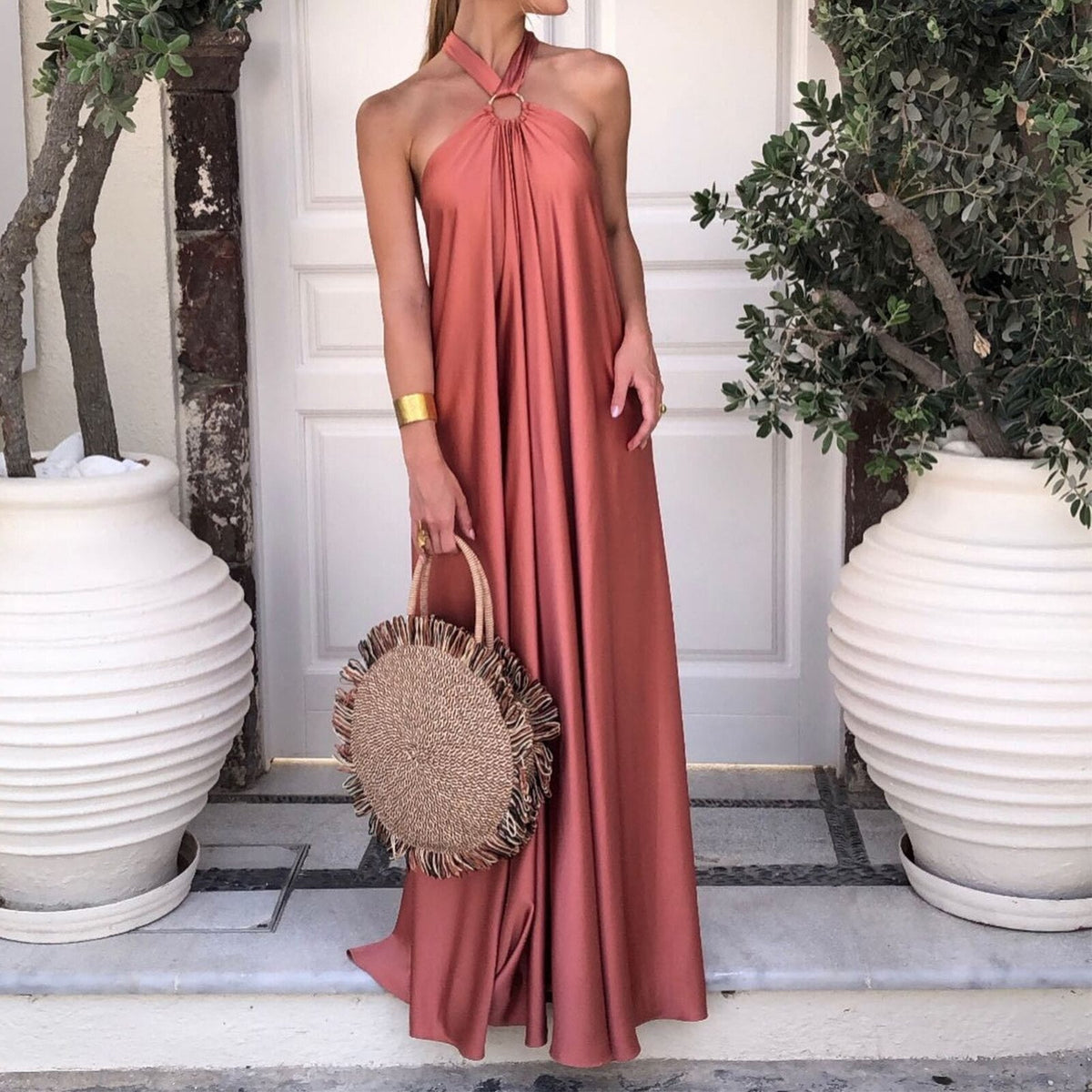 Satin Halter-Neck Sleeveless Backless Maxi Dress