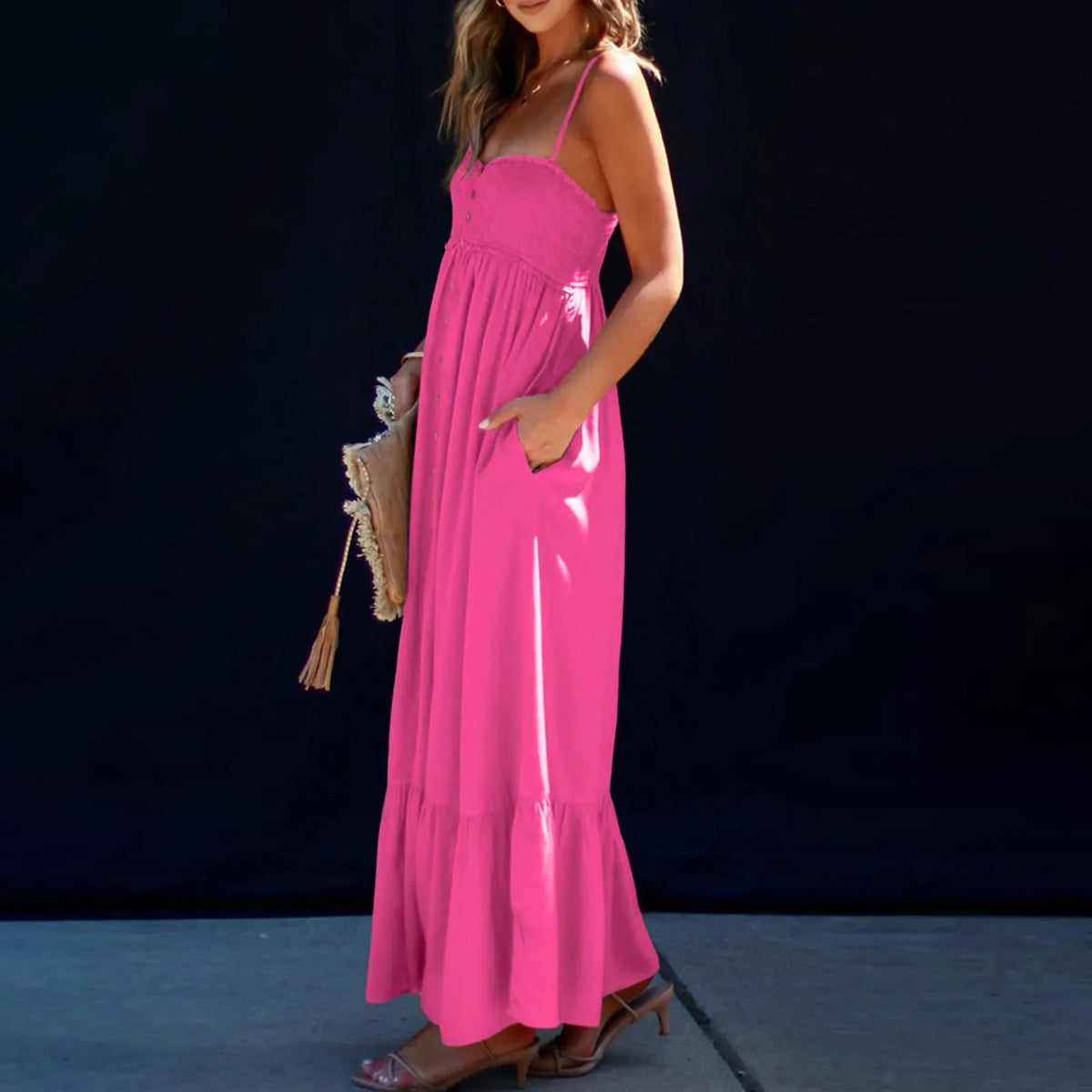 Smocked Spaghetti Strap Button-Front Maxi Dress