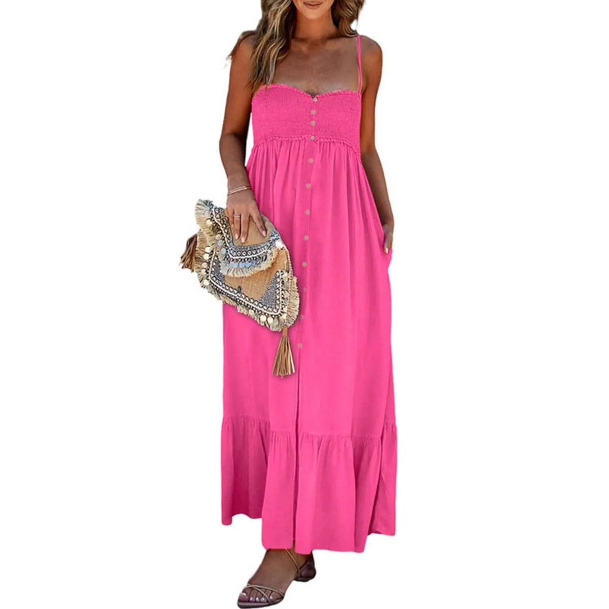 Smocked Spaghetti Strap Button-Front Maxi Dress 7