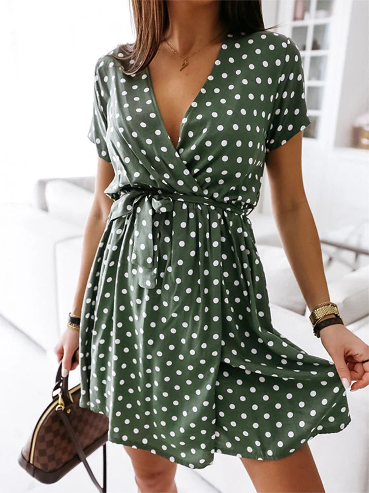 Polka Dot V-Neck Split Boho Midi Dress - Fashionpara