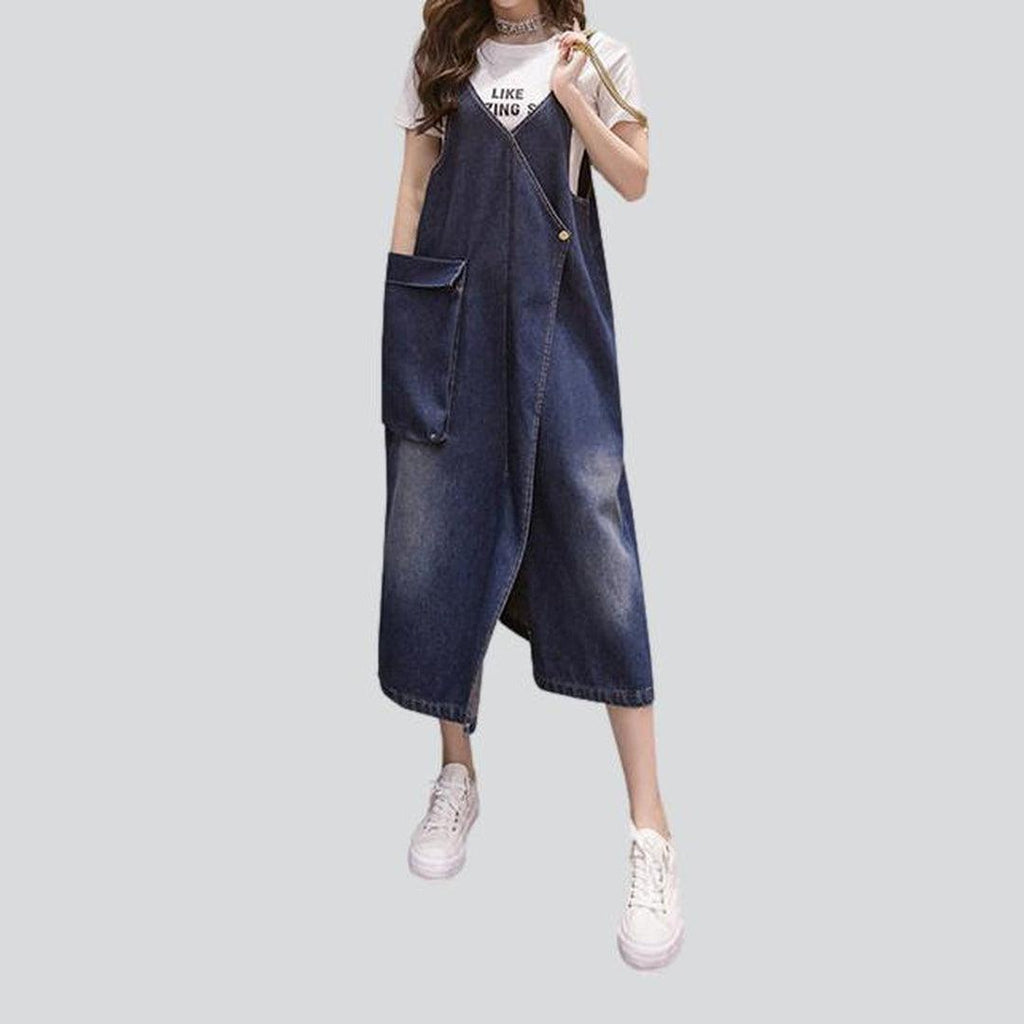 Denim Strappy Patch-Pocket Pinafore Midi Dress
