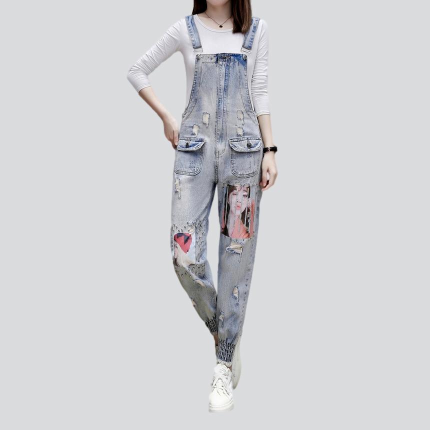 Women's paintings print denim jumpsuit - Fashionpara
