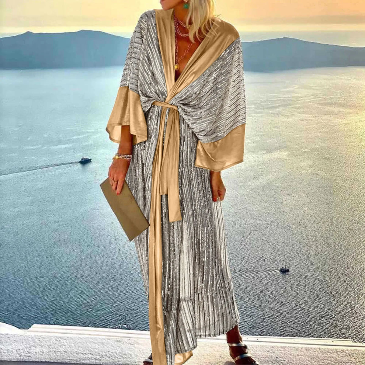 Sequin Cardigan Bat Sleeve Party Holiday V Neck Long Evening Holiday Midi Kimono Cover Up Dress