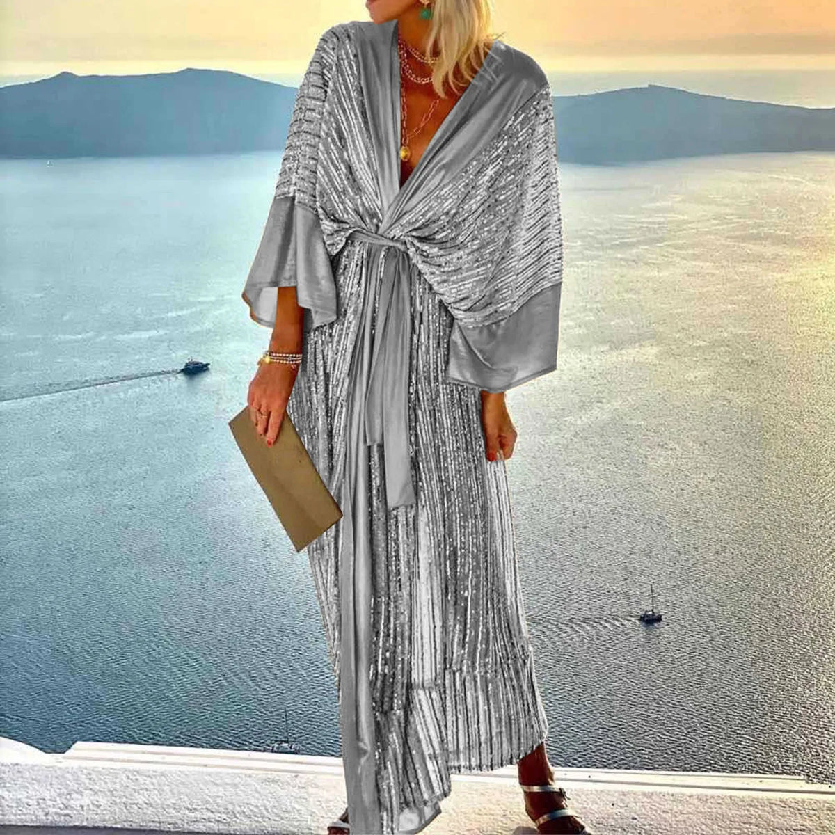 Sequin Cardigan Bat Sleeve Party Holiday V Neck Long Evening Holiday Midi Kimono Cover Up Dress 2
