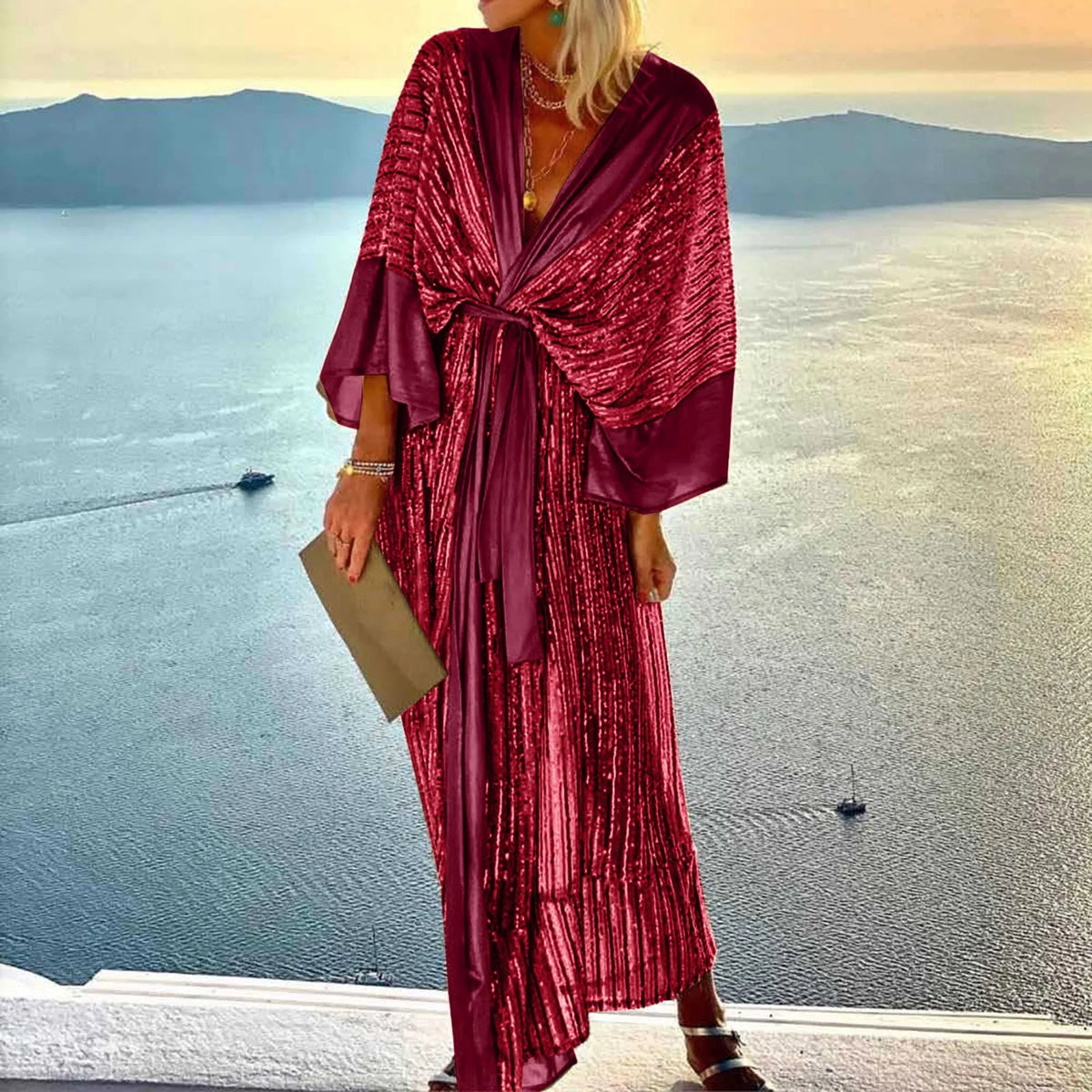 Sequin Cardigan Bat Sleeve Party Holiday V Neck Long Evening Holiday Midi Kimono Cover Up Dress 3