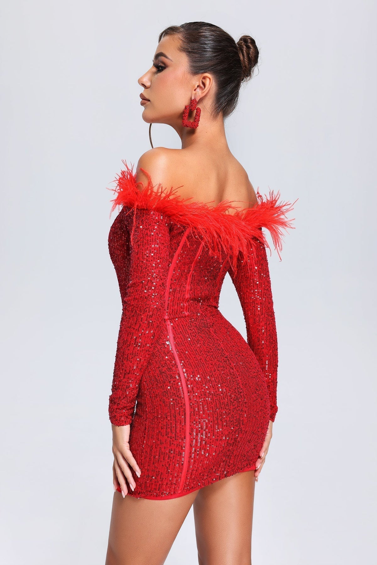 Sequin Off Shoulder Long Sleeve Feather Trim Bodycon Mini Dress - View 6