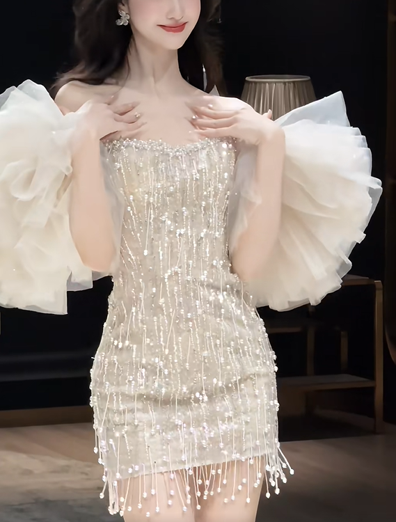 Glitter Light Champagne Sequin Beaded Sheath Short Prom Dress Birthday Outfits Formal Homecoming Dress D156