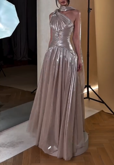 Stylish One Shoulder Satin Pleated A Line Long Prom Dress Formal Evening Dress With Scarf D816