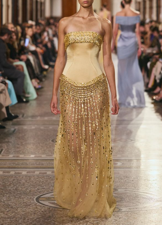 Glamorous Strapless Gold Satin Tulle Beaded Long Evening Dress Party Dress D956