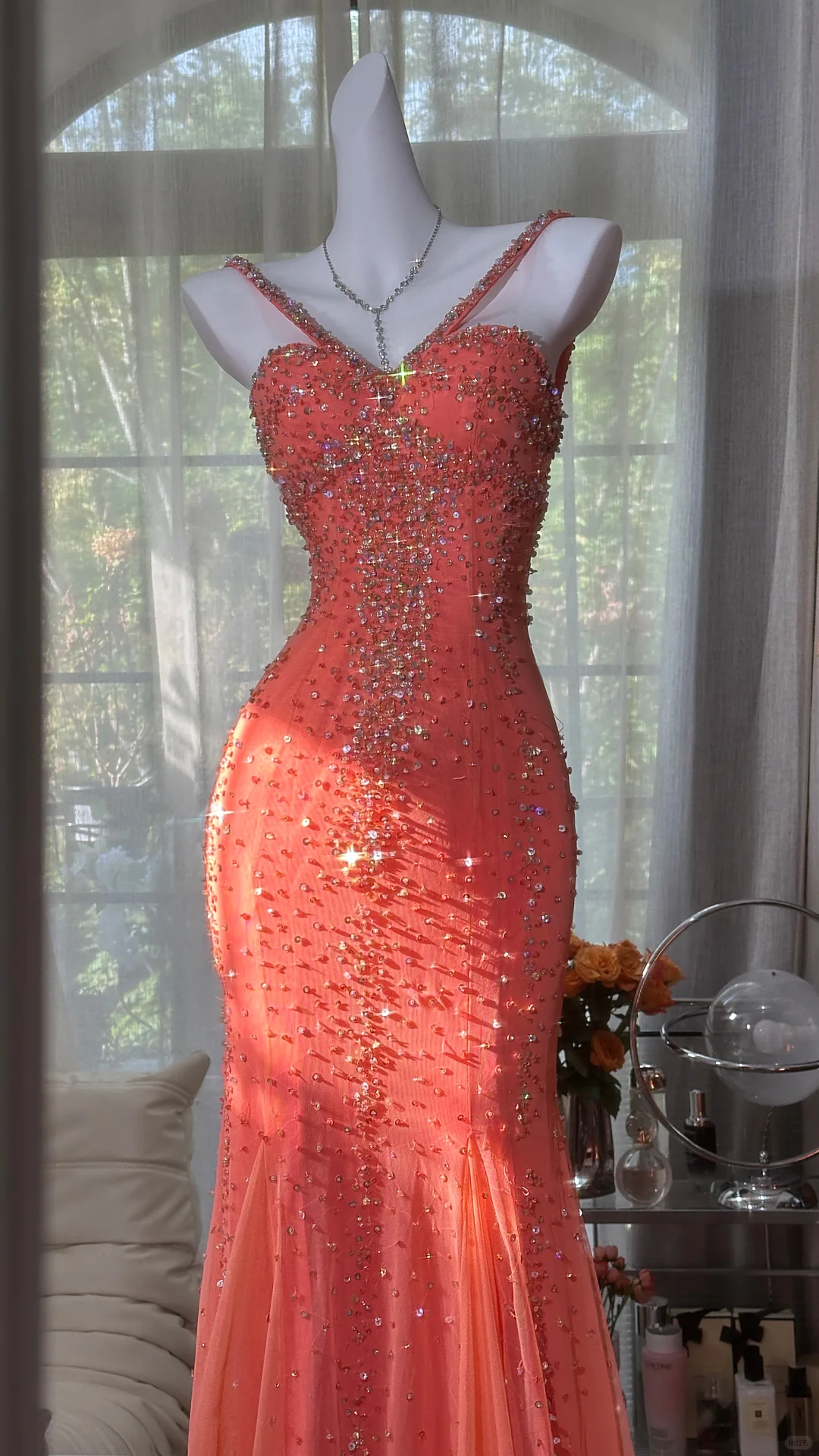 Sparkly Spaghetti Straps Orange Chiffon Beaded Mermaid Evening Dress Long Party Dress D868