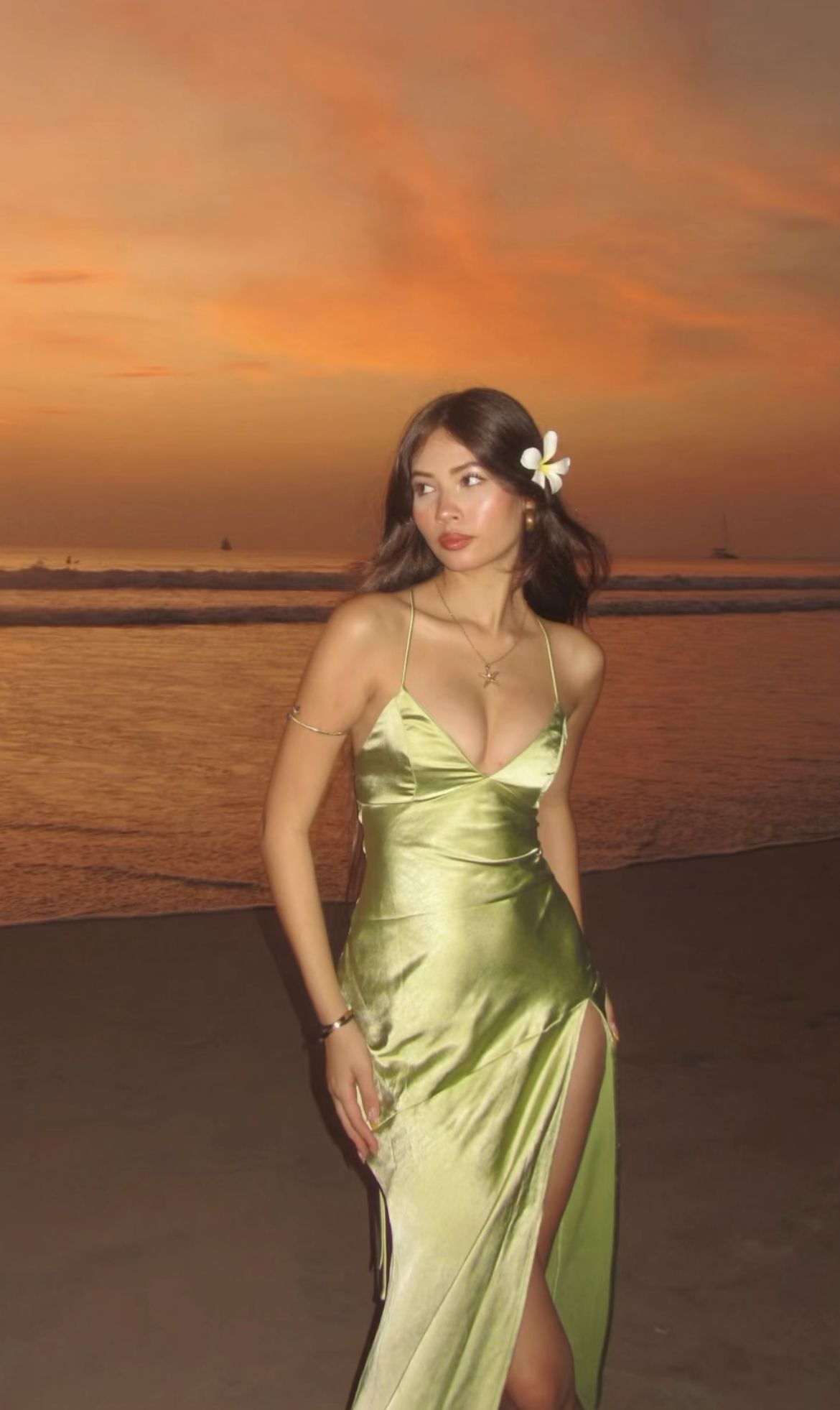 Simple Green Halter Satin Slit A Line Long Party Dress Evening Gown D1471