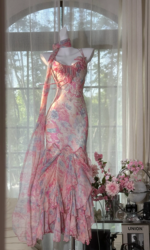 Elegant Spaghetti Straps Pink Chiffon Print Floral Beaded Mermaid Party Dress Prom Gown With Ribbon D1556