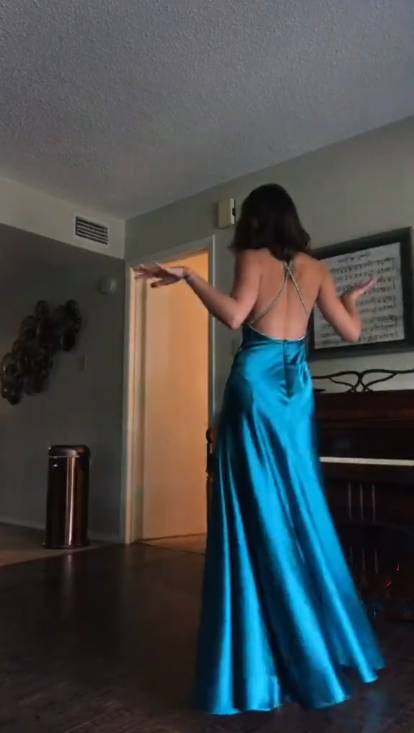 Classy Spaghetti Straps Blue Satin Beaded A Line Slit Long Wedding Guest Dress Evening Gown D1588