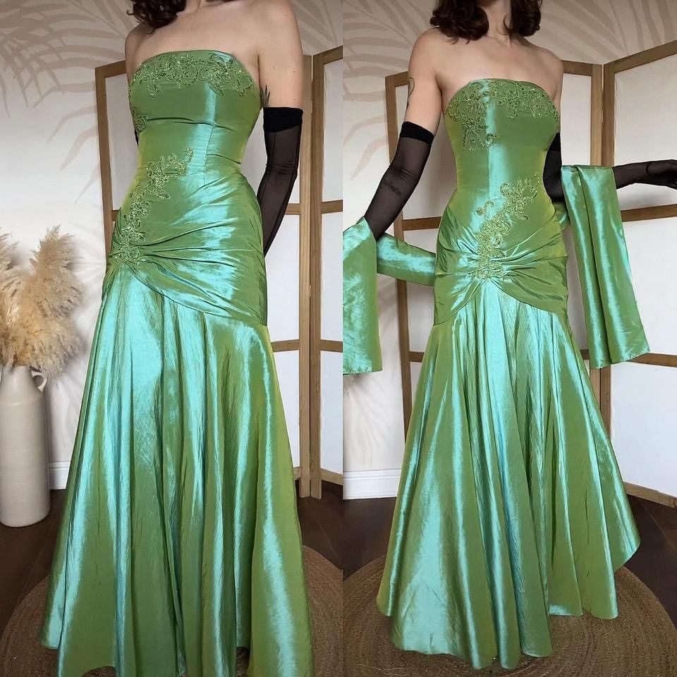 Classy Strapless Green Satin Pleated Beaded Mermaid Party Dress Long Evening Gown D1525