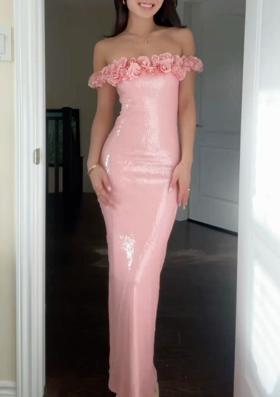 Sweet Pink Flowers Strapless Sequin Mermaid Long Prom Dress Evening Gown D1040