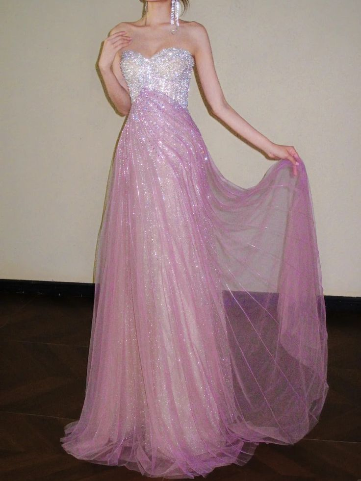 Glitter Strapless Pink Tulle Sequin A Line Long Party Dress Evening Gown D1579