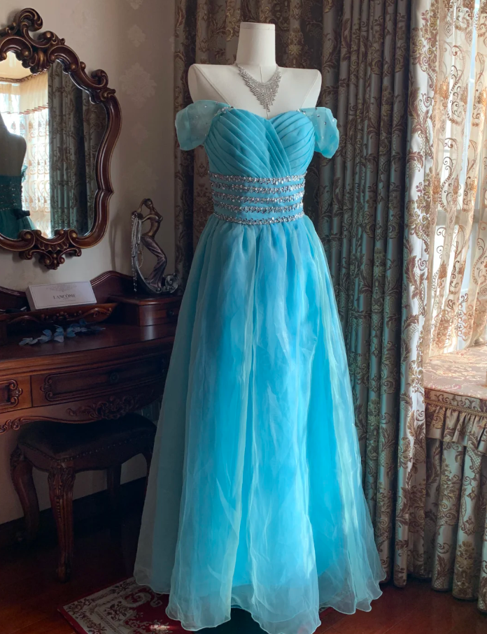 Cute Off The Shoulder Blue Tulle Beaded A Line Princess Party Dress Long Evening Gown D1714