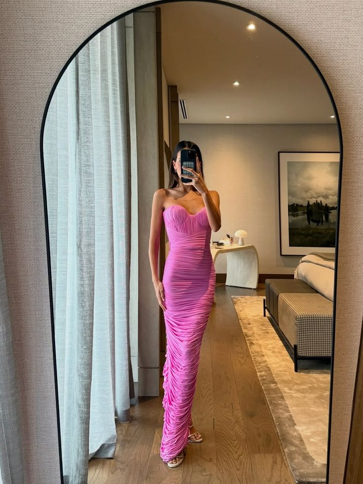 Chic Sweetheart Neck Pink Satin Pleated Sheath Long Wedding Guest Dress Evening Dress D1820