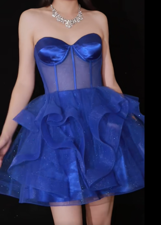 Pretty Sweetheart Neck Royal Blue Tulle Sequin Formal Short Graduation Homecoming Dress Birthday Outfits D154