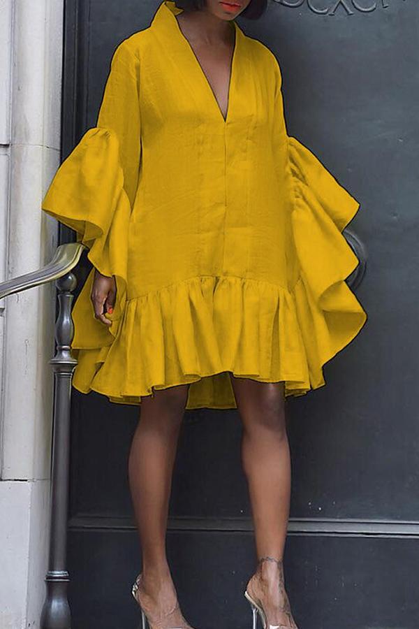 V-neck Loose Ruffled Elegant Midi Dress Fashionpara