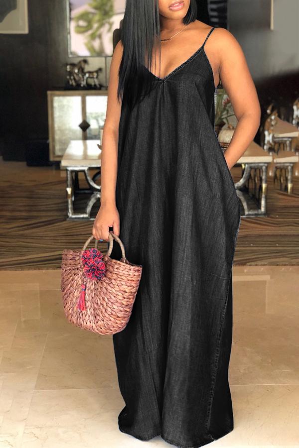 Fashion Loose Casual Sleeveless Denim Maxi Dress no pockets Fashionpara