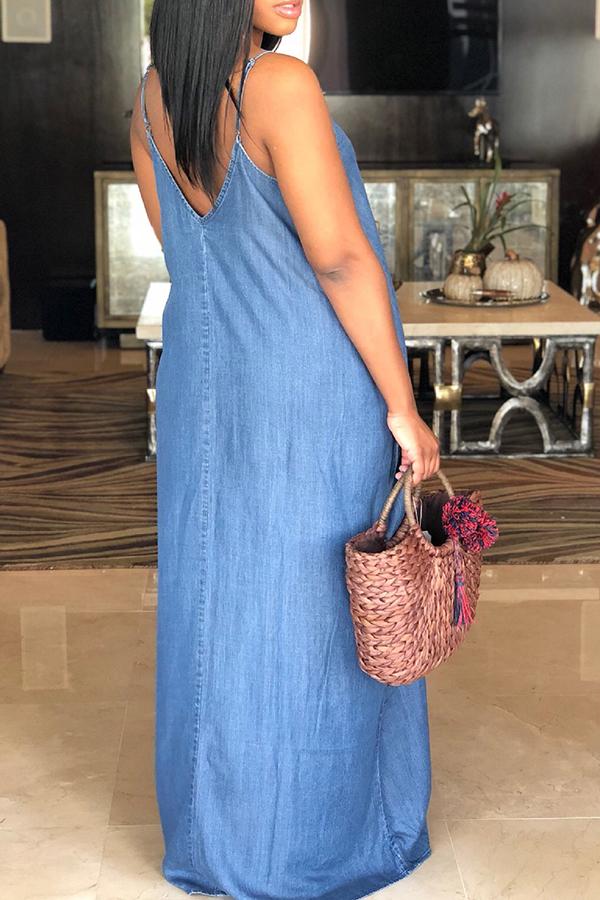 Fashion Loose Casual Sleeveless Denim Maxi Dress no pockets Fashionpara
