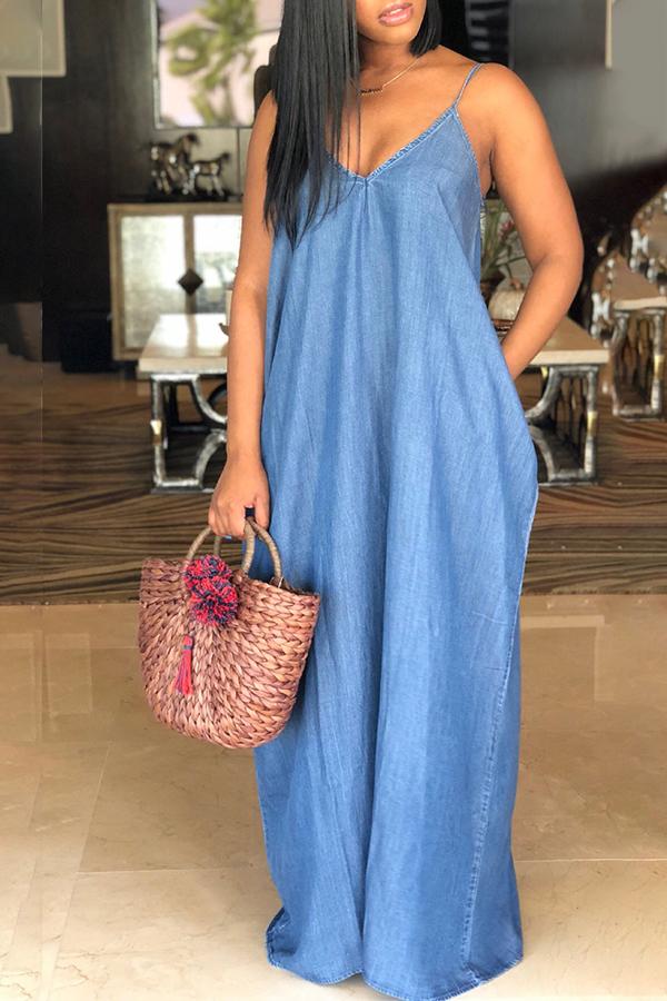 Fashion Loose Casual Sleeveless Denim Maxi Dress no pockets Fashionpara