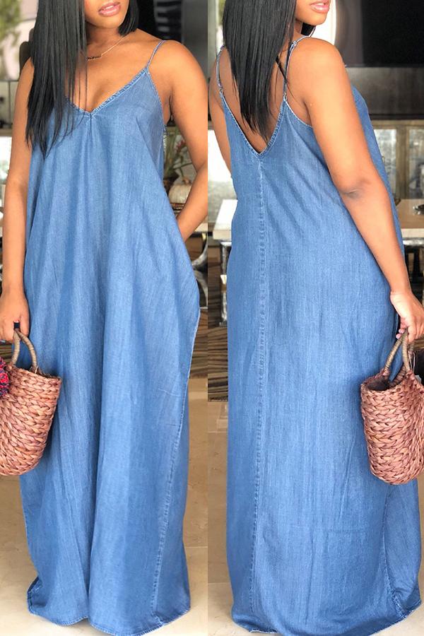 Fashion Loose Casual Sleeveless Denim Maxi Dress no pockets Fashionpara