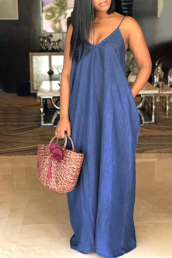 Fashion Loose Casual Sleeveless Denim Maxi Dress no pockets Fashionpara