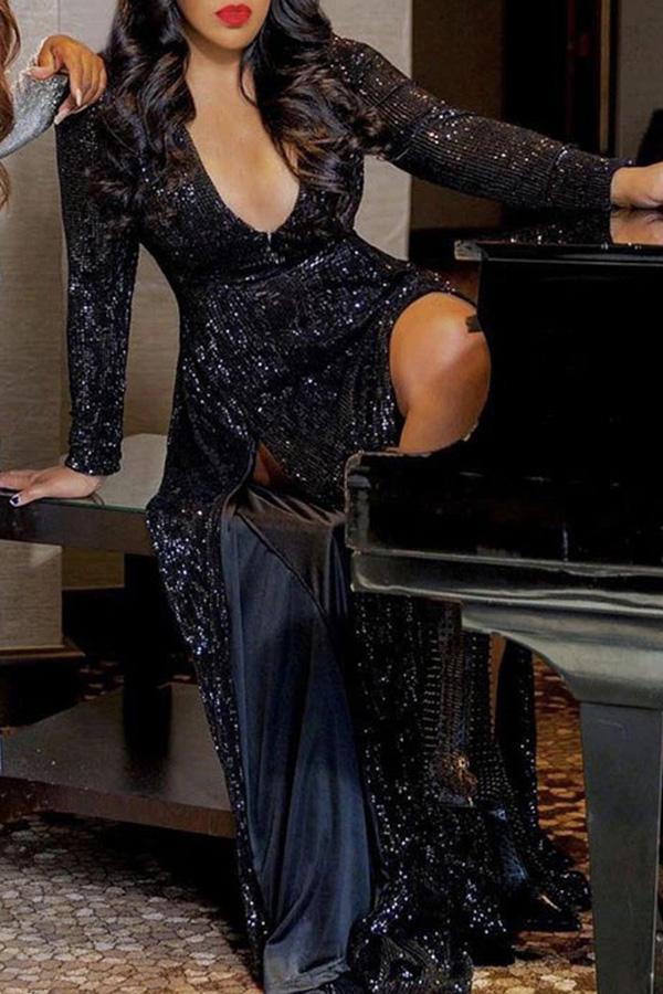 V-neck Sequined Slit Maxi Evening Dress - Fashionpara