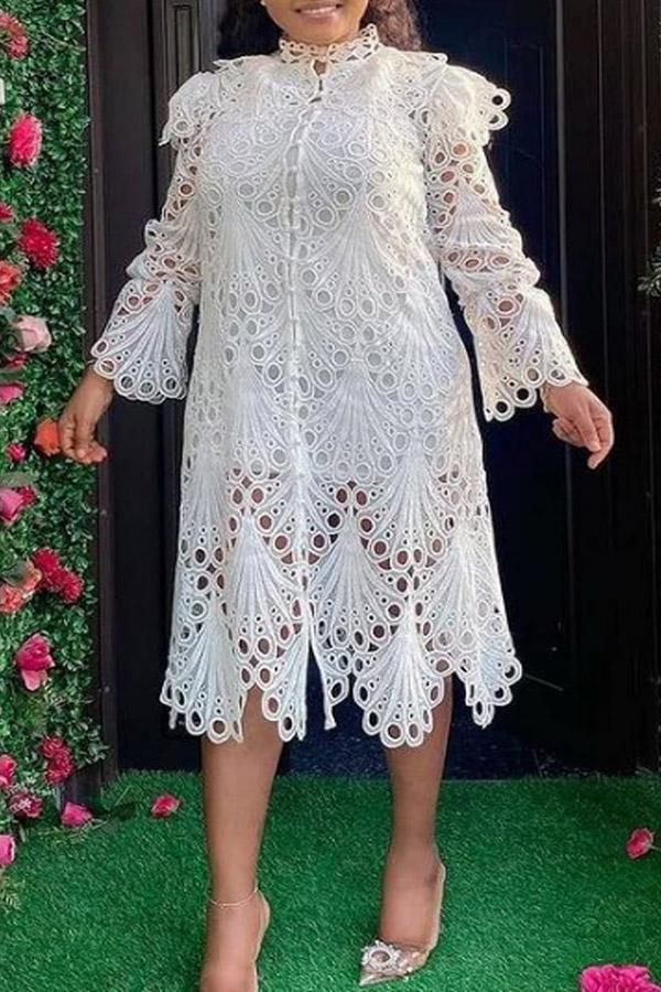 Hollow Flying Sleeves Elegant Wavy Lace Dress Fashionpara