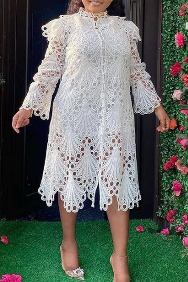 Hollow Flying Sleeves Elegant Wavy Lace Dress Fashionpara