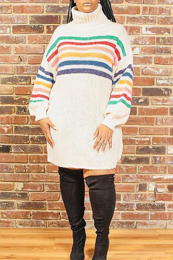 Rainbow Striped Turtleneck Pullover Mid-length Sweater Dress  Fashionpara