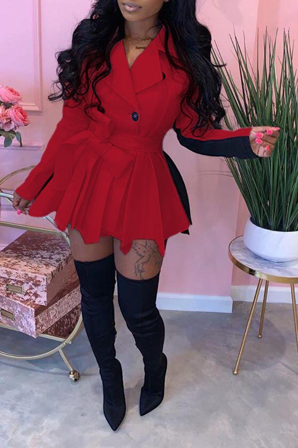 Lapel Double-breasted Casual Colorblock Mini Dress Plus Size Fashionpara