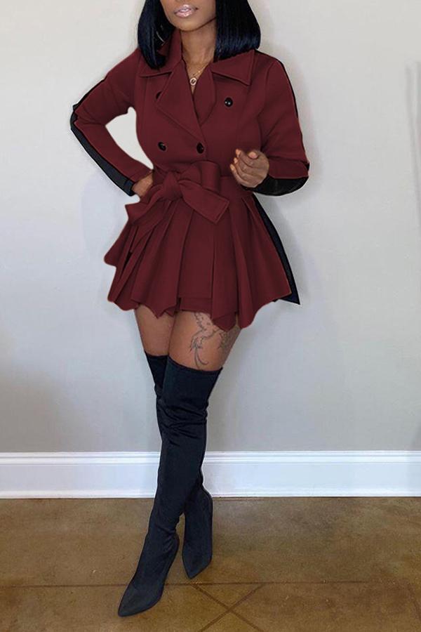 Lapel Double-breasted Casual Colorblock Mini Dress Plus Size Fashionpara