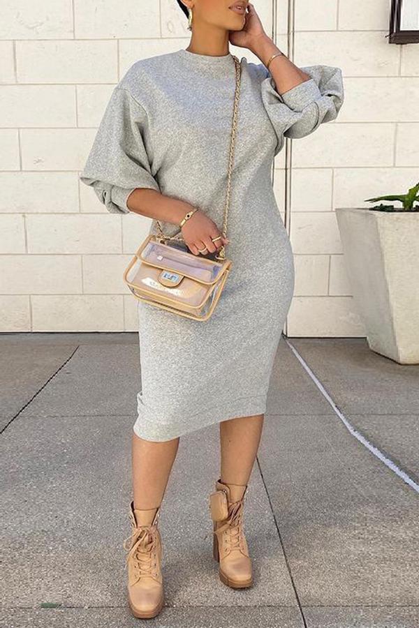 Five-point Lantern Sleeve Loose Casual Plus Size Midi Dress Fashionpara