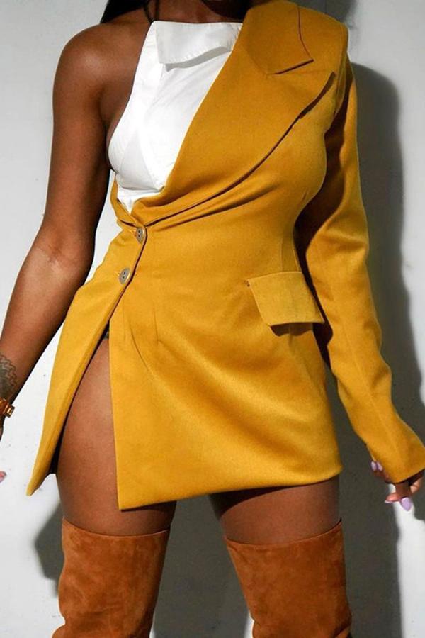 Asymmetrical Contrast One-shoulder Lapel Buttoned Chic Elegant Blazer Mini Dress  Fashionpara