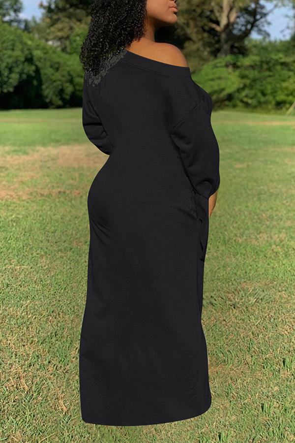 Pure Color Knotted Long Sleeve Casual Pocket Maxi Dress Plus Size Fashionpara